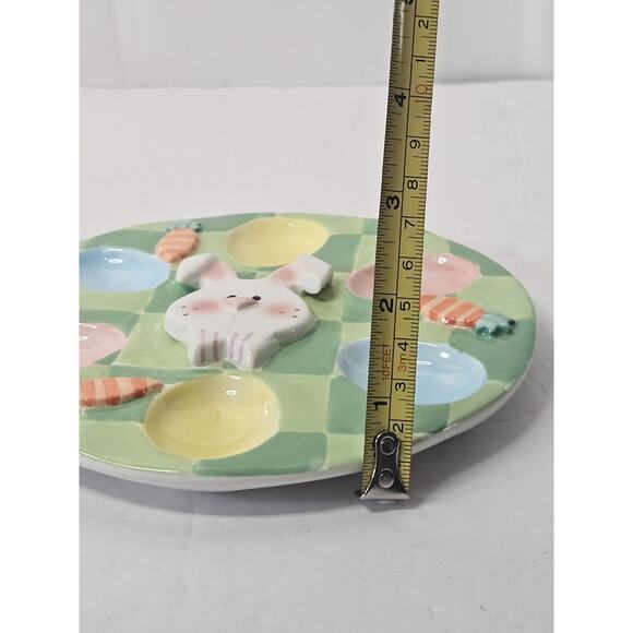 Easter Bunny 7 Carrots Egg Plate Holds 6 Eggs 7" Round Colorful Ceramic Easter - Picture 6 of 6